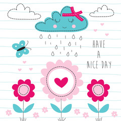 cute flowers and clouds vector illustration