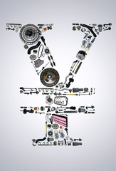 Obraz premium Japan yen money with auto parts for car. Spare parts for car for shop, aftermarket OEM. Yen icon. Many auto parts isolated in money japan yen