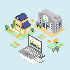 Bank Credit and Home Loan Concept with Isometric House 