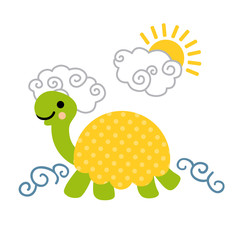 Cute cartoon smiling turtle swimming in the sea.