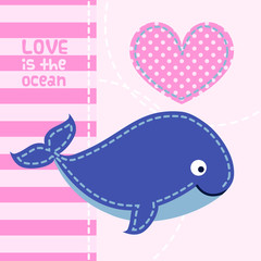 Card with cute cartoon whale in patchwork style.