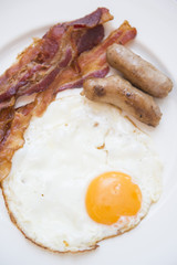 fried egg, sausage and bacon for breakfast