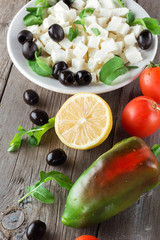 Ingredients for cooking Greek salad. Close up