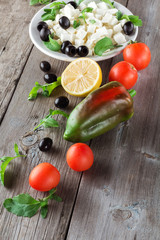 Ingredients for cooking Greek salad. Close up
