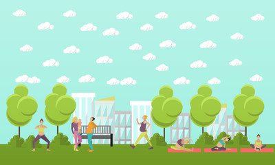 Pregnant women are doing exercise and yoga in park. Vector illustration in flat style. Woman fitness banners