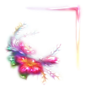 Vector rainbow frame with flower in corner on white background.