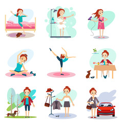 Fototapeta premium Daily Routine set with cute girl