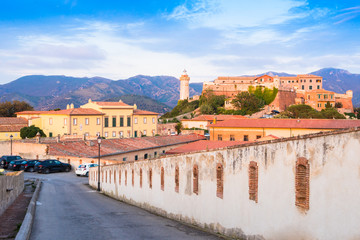 Panoramic view over Stella fortress and lighthouse in Portoferraio town of Elba, island in Italy.  