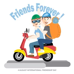 Foto op Plexiglas Happy friendship day card. 4 August. Best friends riding a red motorcycle. Digital vector image © frimufilms