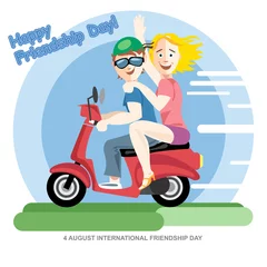 Foto op Plexiglas Happy friendship day card. 4 August. Best friends girls riding a red motorcycle. Digital vector image © frimufilms