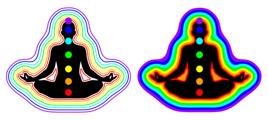 Meditation woman - aura, chakras - vector