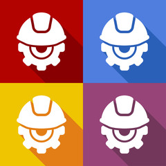 Icono plano casco con engranaje con sombra en varios colores