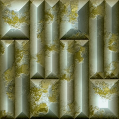 Abstract seamless relief pattern of gray and gold scratched stones. Mosaic pattern of rectangular weathered blocks