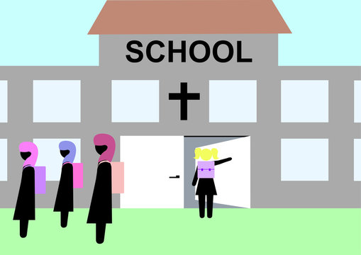 Illustration Laizismus; Religionsfreiheit; Trennung von Staat und Kirche; School; Kreuz; Schule; Konfession; Bekenntnis; Werte; Kopftuch