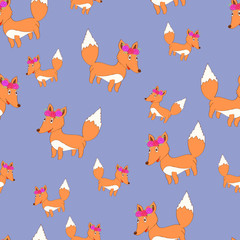 Fototapeta premium Cute vector fox seamless pattern. Cartoon fox. Cute fox with floral wreath.