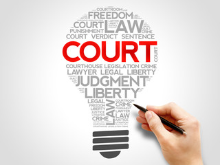 Court bulb word cloud collage, business concept background