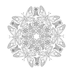 Monochrome Mendie Mandala with butterflies and flowers. Zenart inspired.