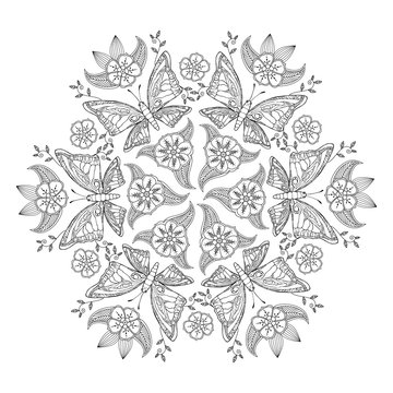 Mendie Mandala with butterflies and flowers. For coloring book.