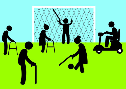 Illustration &Uuml;beralterung; Senioren; Fu&szlig;ball; Gehhilfe; Kr&uuml;cke; Bev&ouml;lkerung; Alter, Fitness