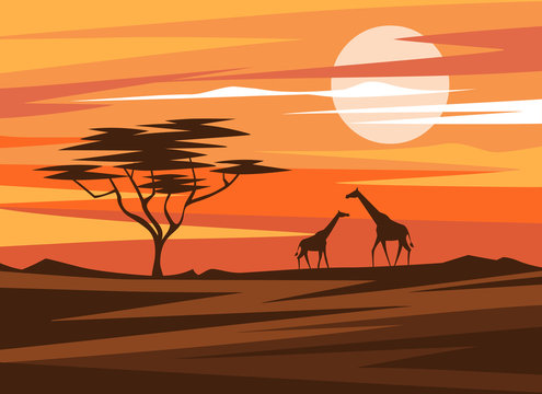 Africa landscape sunset with illustration flat cute giraffe