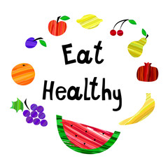 Eat healthy motivation banner with fruits trendy brush cute style. Vector illustration.