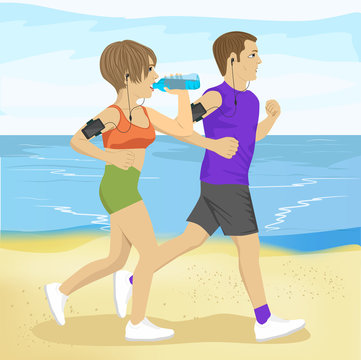 two young people jogging on beach drinking water, sport and healthy lifestyle