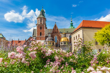 Wawel Cathedral, Cracow, Poland. View from courtyard with flowers.