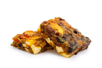 Tasty vegetarian granola crumble cake with dried fruits isolated