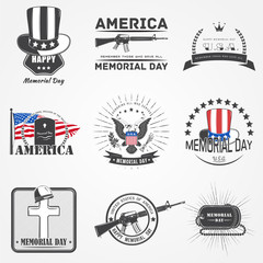 Happy Memorial day set. The celebration of patriotic celebration of America. Detailed elements. Typographic labels, stickers, logos and badges.