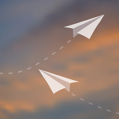 Blurred mesh evening sky background with paper planes on separated layer, vector eps 10 illustration