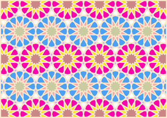 Geometric figures of styles arabic and oriental very colouring blue pink dark red and yellow