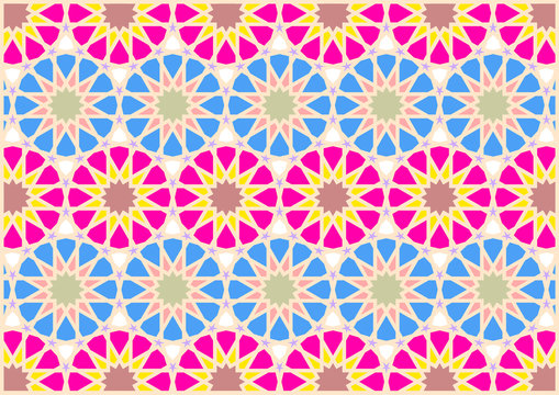 Geometric figures of styles arabic and oriental very colouring blue pink dark red and yellow