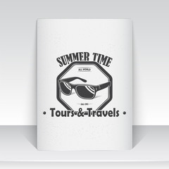 Summer time set. Tourist agency. Travel around the world. Detailed elements. Typographic labels, stickers, logos and badges. Sheet of white paper.
