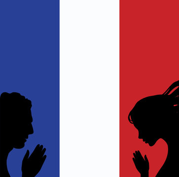 France National Flag. People Man And Woman Hands Pray For Nice. World Support For France. Nice Terror Attack On 14 July 2016. Vector Illustration
