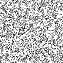Fototapeta na wymiar Cartoon hand-drawn doodles on the subject of fast food seamless pattern