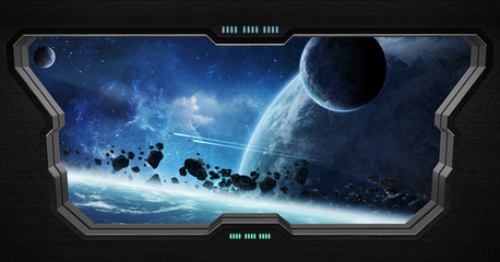 View of outer space from inside a space station