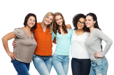 group of happy different women in casual clothes