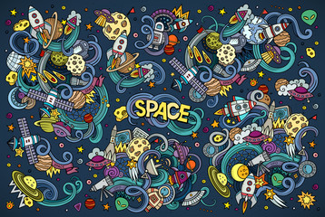 Naklejka premium Colorful vector hand drawn doodles cartoon set of Space objects 