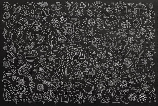 Vector chalkboard line art Doodle cartoon set of objects