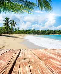 Summer Holiday Background / invitation to relax and dream: wooden plank and palm tees in a perfect...