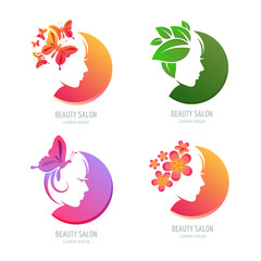 Vector beauty logo, label set. Female face in circle shape. Woman with butterflies, flowers and leaves in hair. Design elements for beauty salon, massage, spa, natural care cosmetics