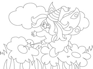 Beautiful cartoon fairy on the meadow. For coloring book.