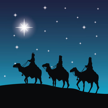 Merry Christmas and holy family concept represented by three wise men on camels icon. Silhouette and flat illustration.