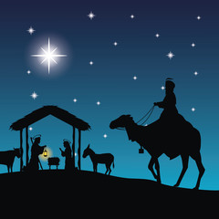 Merry Christmas and holy family concept represented by joseph, maria and jesus icon. Silhouette and flat illustration.