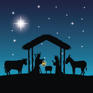 Merry Christmas and holy family concept represented by joseph, maria and jesus icon. Silhouette and flat illustration.