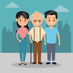 Family cartoon concept represented by grandfather and parents icon over city landscape.  Colorfull illustration