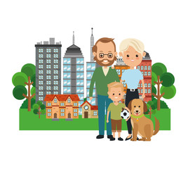 Family cartoon concept represented by parents with son and dog icon over city landscape.  Colorfull illustration