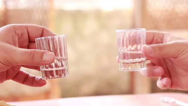 Two men clink with glasses of vodka