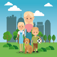 Family cartoon concept represented by mother and kids with dog icon over city landscape.  Colorfull illustration