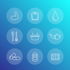Diet, nutrition, dietary supplements transparent linear icons set